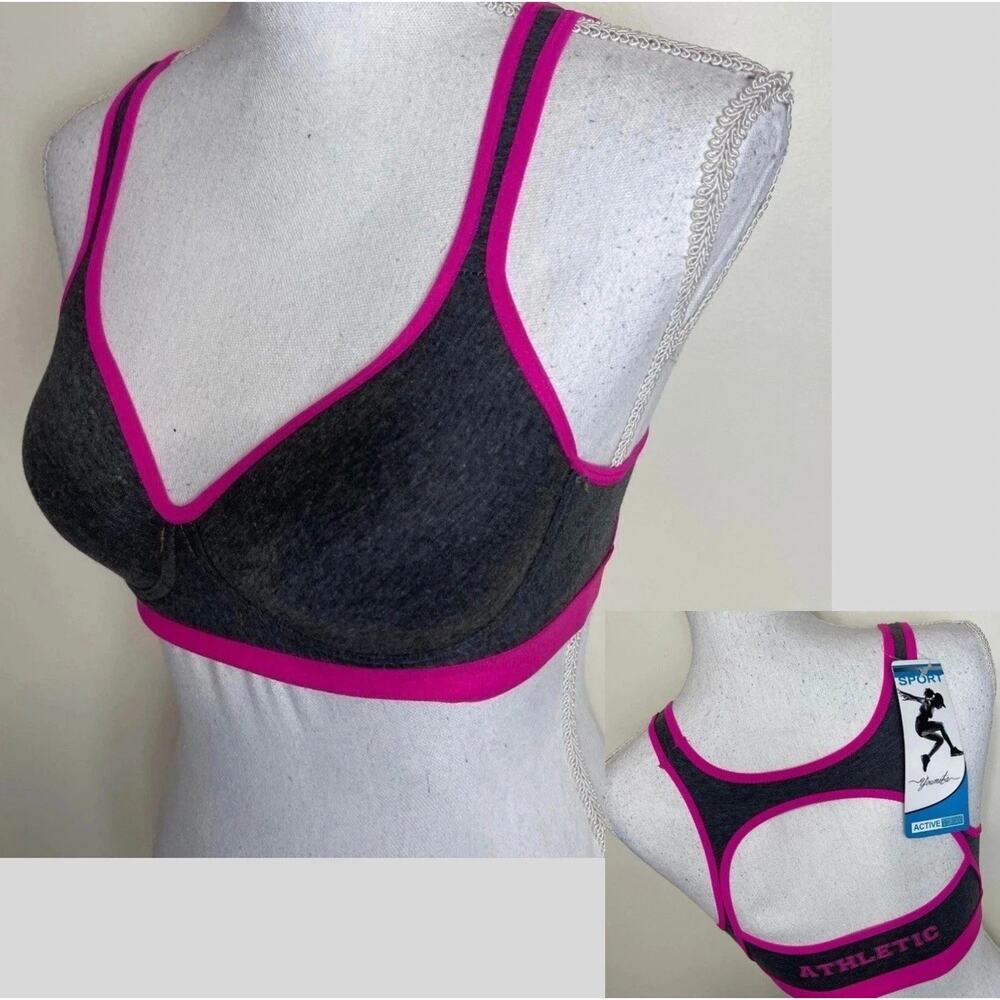 SIZE 32D Youmita Athletic Sports Bra PADDED Wireless Keyhole Racerback GRAY-PINK